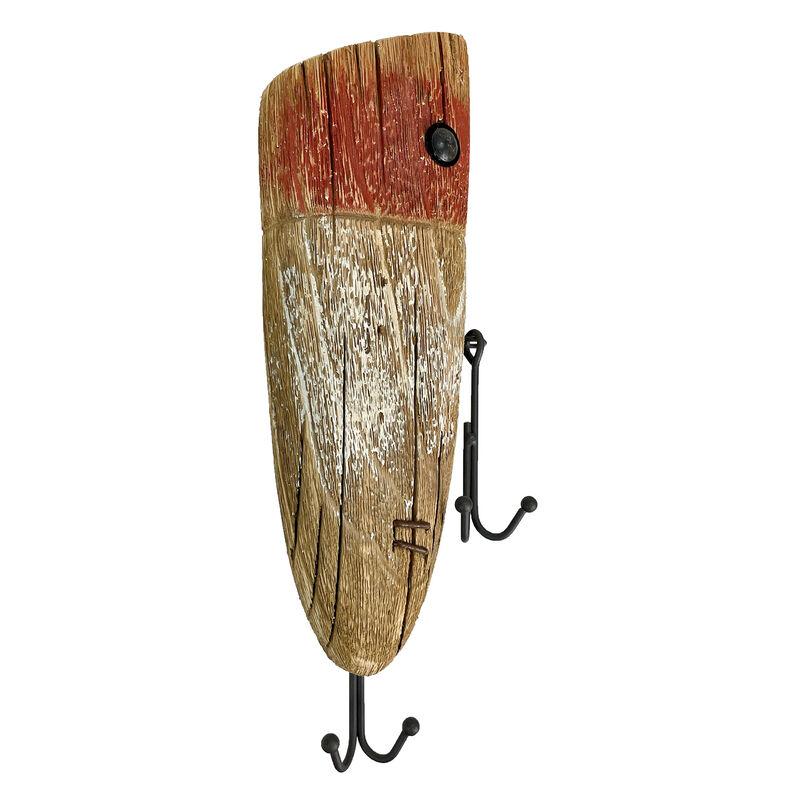 Rustic Wooden Fishing Lure Wall Hook &ndash; Distressed Wood & Metal Double Hooks, 14 Inch Coastal Nautical Decor, Entryway Key Hat Leash Holder, Cabin Lake House Farmhouse Wall Mounted Organizer image number 1