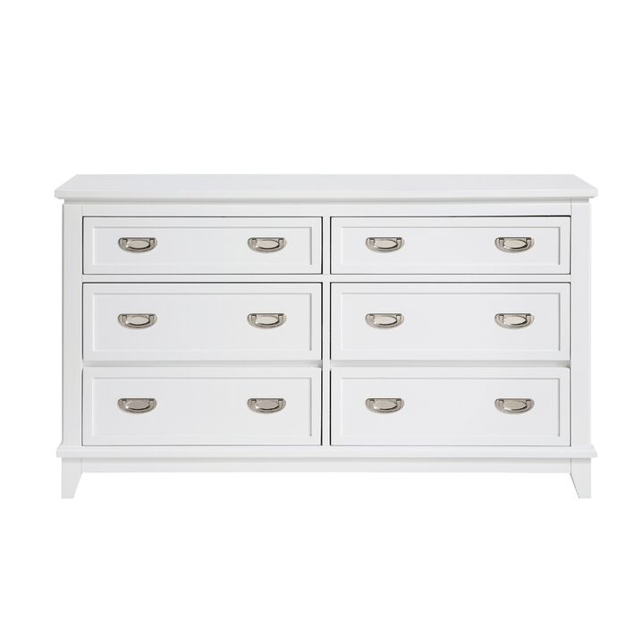 Sely Dresser, 55 Inch, 6 Drawers, White Wood, Nickel Ring Handles - Benzara
