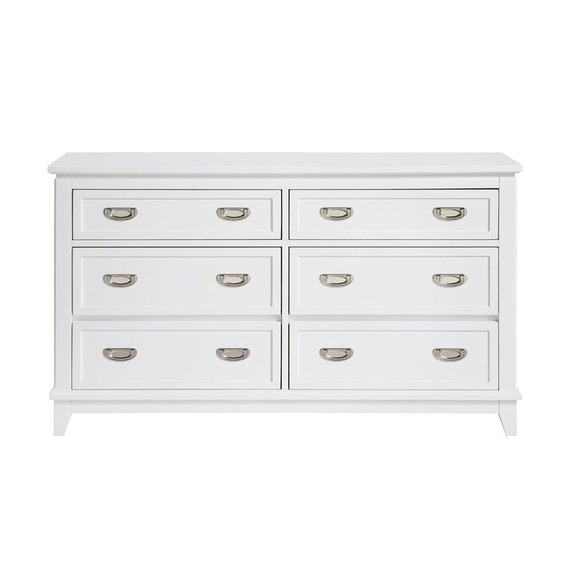 Sely Dresser, 55 Inch, 6 Drawers, White Wood, Nickel Ring Handles - Benzara