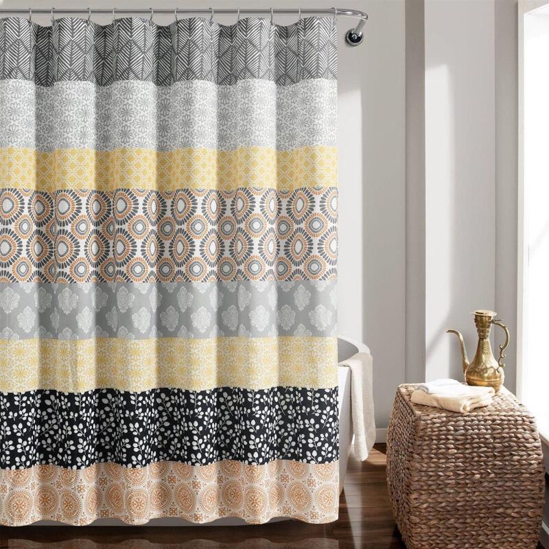 Hivvago 72-in. Yellow Black White Grey Floral Damask Boho Polyester Shower Curtain
