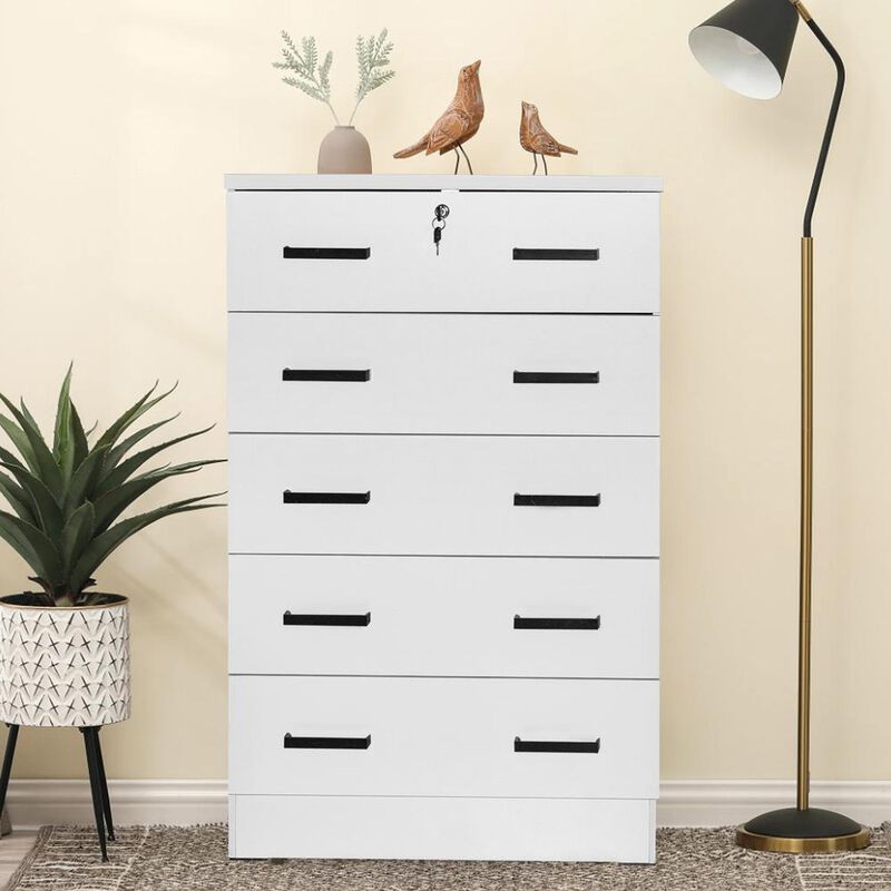 Better Home Products Cindy 5 Drawer Chest Wooden Dresser with Lock in White