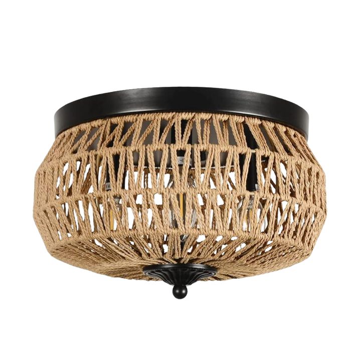 ELEMENT ACE 3-Light Hand-Woven Rattan Flush Mount Ceiling Light Fixture with Hollow Cage Shade Perfect for Bedroom, Kitchen, Foyer, Porch, Living Room and Entry Hall