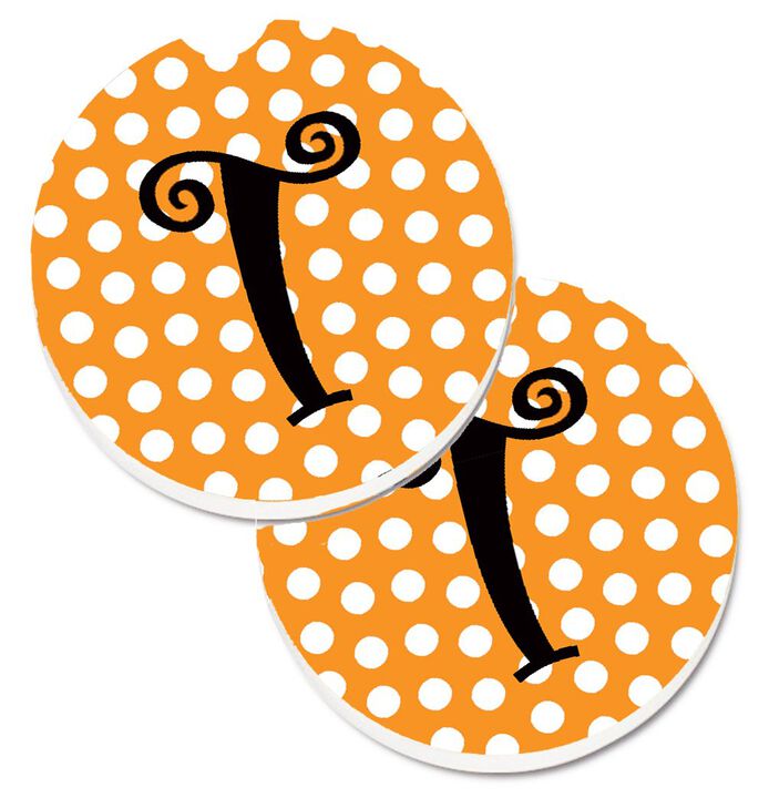 Caroline's Treasures Monogram Initial T Orange Polkadots Set of 2 Cup Holder Car Coasters CJ1033-TCARC, 2.56, Multicolor