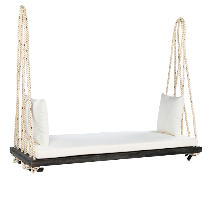 Whisen Hanging Porch Swing Bench with Cushion, Acacia Wood Swing Chair, 10.8Ft Hemp Ropes