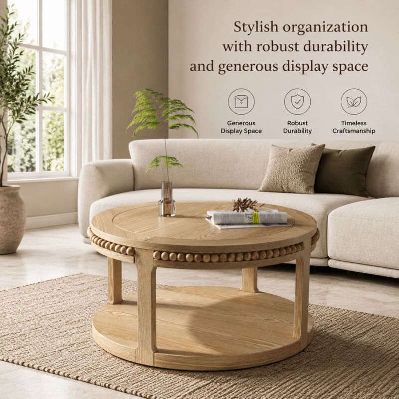 GOODSILO 31.5 Inch Two-Tier Round Solid Wood Coffee Table and Sofa Table Sturdy Thickened Top Heavy-Duty Circle Accent Table for Living Room Lounge and Sofa Areas image number 4