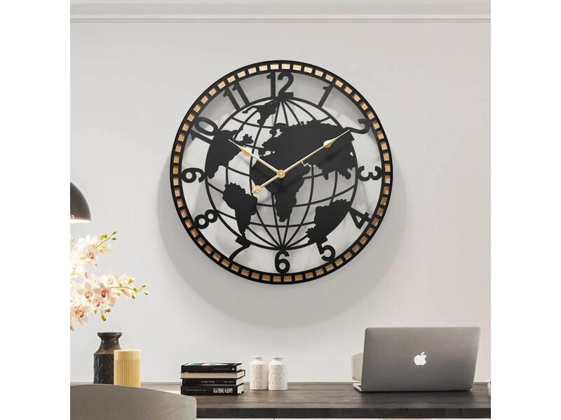 World Map Wall Clock 24 Inch Metal Silent Non Ticking Battery Decorative image number 1
