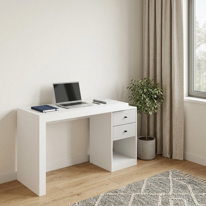 HomeRoots 58" White Wood Pedestal Writing Desk With Two Drawers