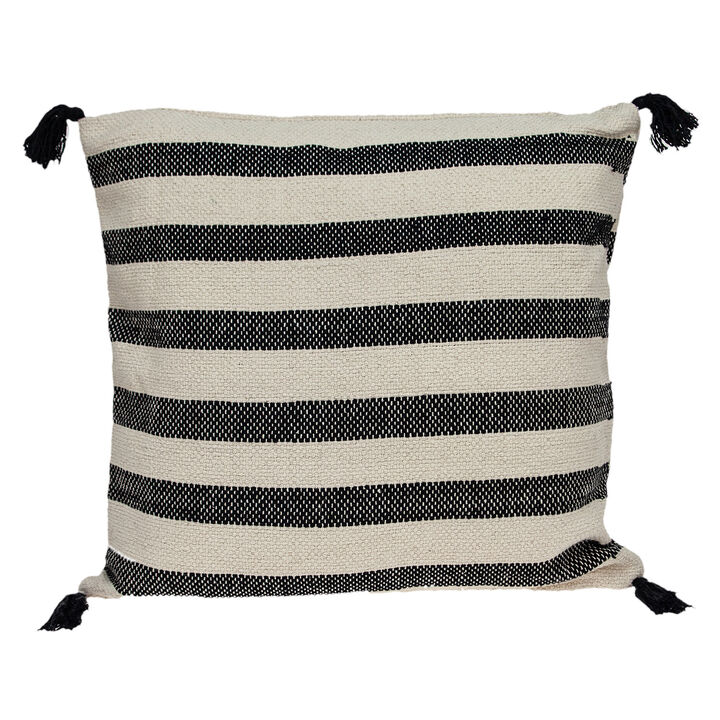 HomeRoots 24" Beige and Black Striped Cotton Throw Pillow With Tassels