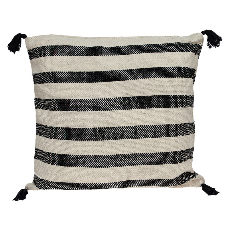 HomeRoots 24" Beige and Black Striped Cotton Throw Pillow With Tassels image number 0