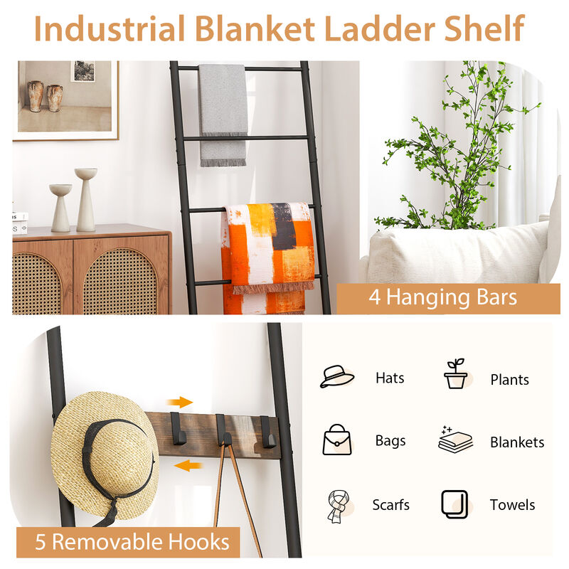 Wall-Leaning Decorative Blanket Holder with 5 Removable Hooks