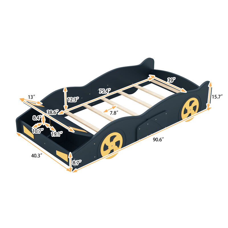 Whisen Twin Size Race Car-Shaped Platform Bed with Wheels and Storage - Black & Yellow