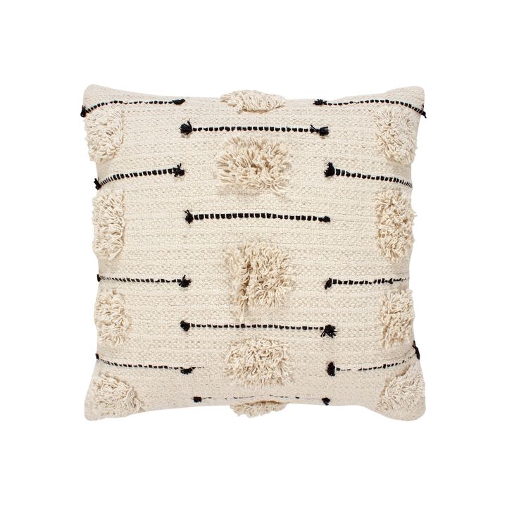 18 x 18 Square Cotton Accent Throw Pillow, Trimmed Shaggy Fringe Accents, Set of 2, Beige, Black-Benzara