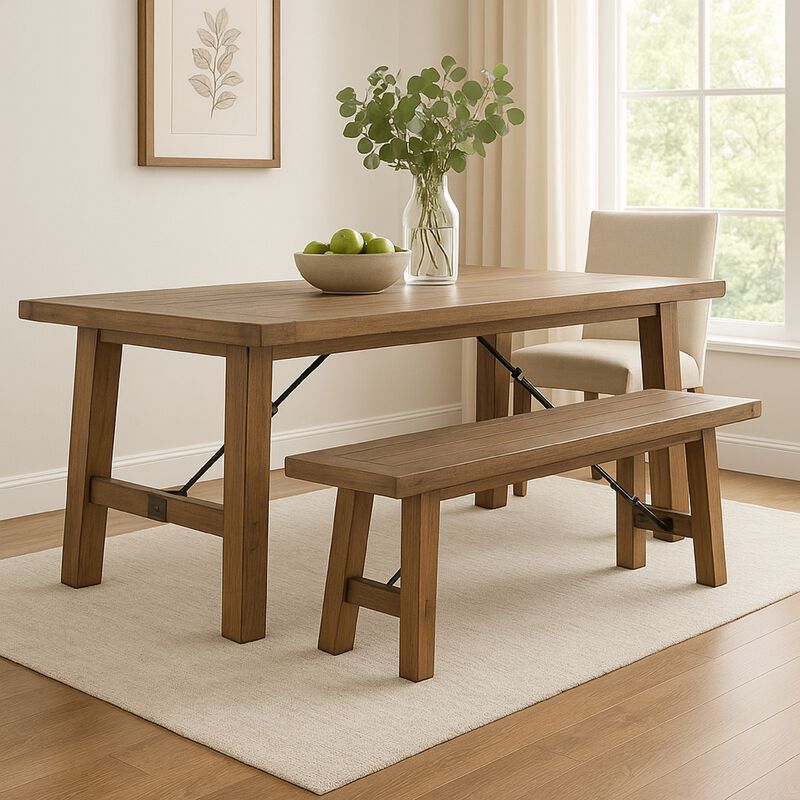 Yael Bench, 72 Inch Light Brown Mindi and Mahogany, Turnbuckle Accents - Benzara