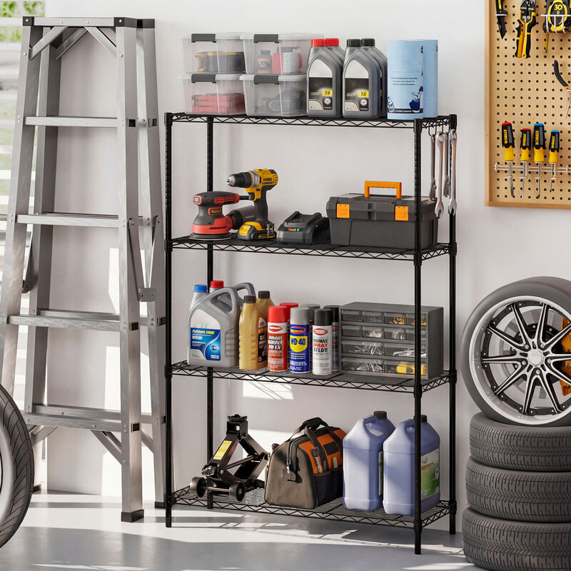 2 Pack 4 Tier Metal Storage Racks with V Shaped Wire Shelves for Utility Room-Black image number 1