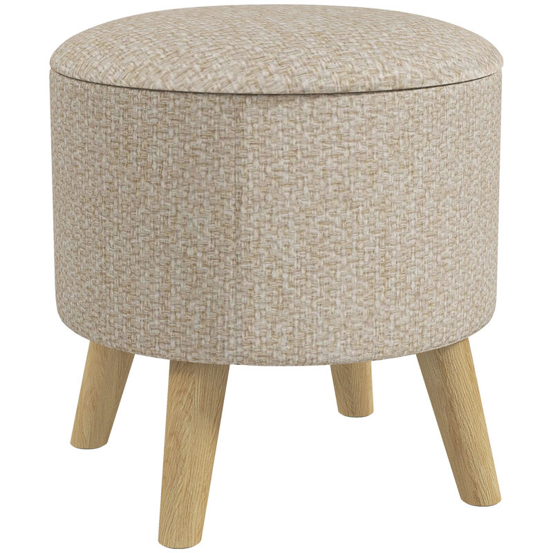 HOMCOM Round Storage Ottoman, Linen-Feel Fabric Upholstered Foot Stool with Removable Top, Padded Seat, Hidden Space and Wooden Legs for Living Room, Cream White