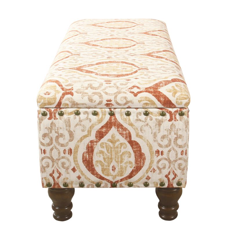 Ava Storage Accent Bench, 42 Inch Orange and Cream Medallion Design image number 3