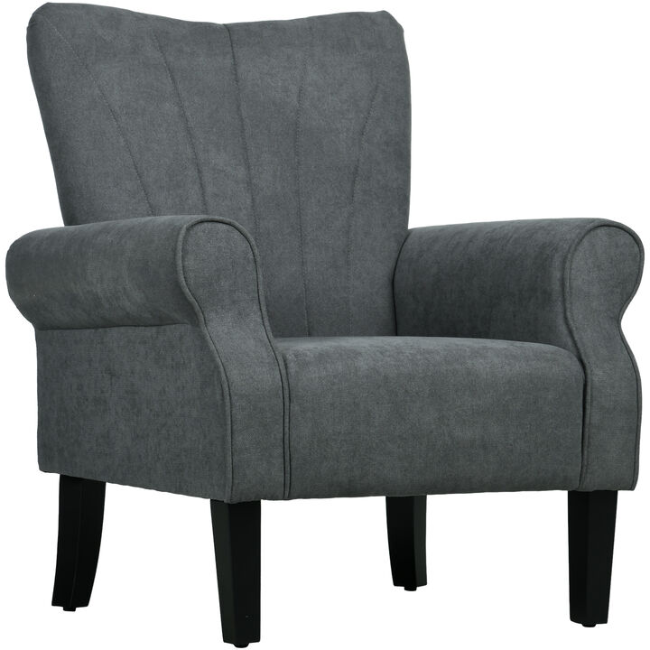 HOMCOM Fabric Accent Chair, Mid-Century Modern Armchair with Wood Legs, Soft & Padded, Rolled Arms, Upholstered Single Sofa Side Chair for Living Room, Dark Gray