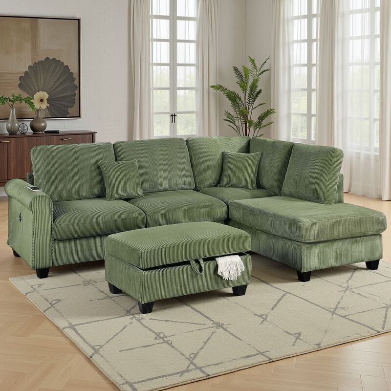 Roe 3pc Sectional Sofa Set w Chaise, Ottoman, 2 Pillows, Sage Green - Benzara