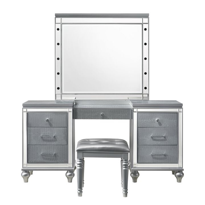 Lee 64 Inch Vanity Table, Embossed Inlay, 7 Mirror Accented Drawers, Gray