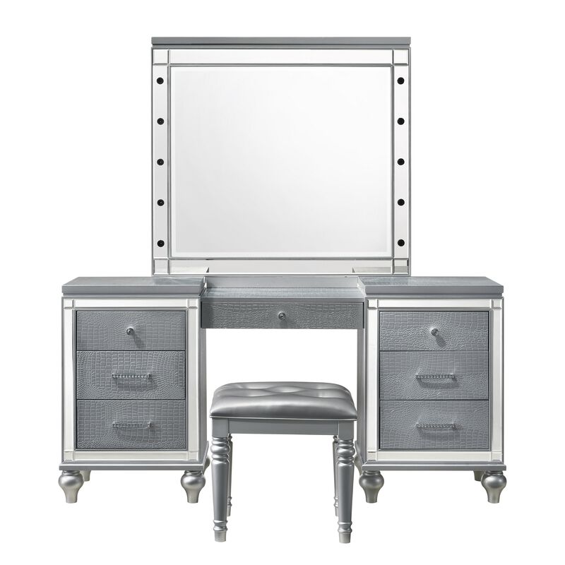 Lee 64 Inch Vanity Table, Embossed Inlay, 7 Mirror Accented Drawers, Gray