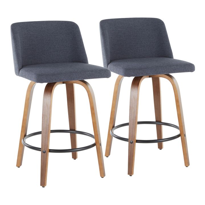 Toriano Mid-Century Modern Counter Stool in Walnut and Blue Fabric by LumiSource - Set of 2