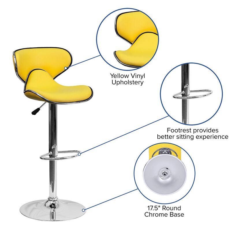 Flash Furniture Devin Contemporary Cozy Mid-Back Yellow Vinyl Adjustable Height Barstool with Chrome Base
