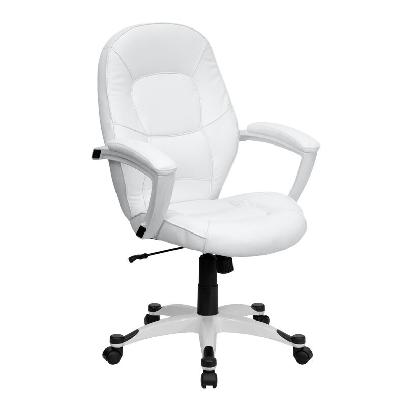 Quincey Mid-Back White LeatherSoft Tapered Back Executive Swivel Office Chair with White Base and Arms image number 0