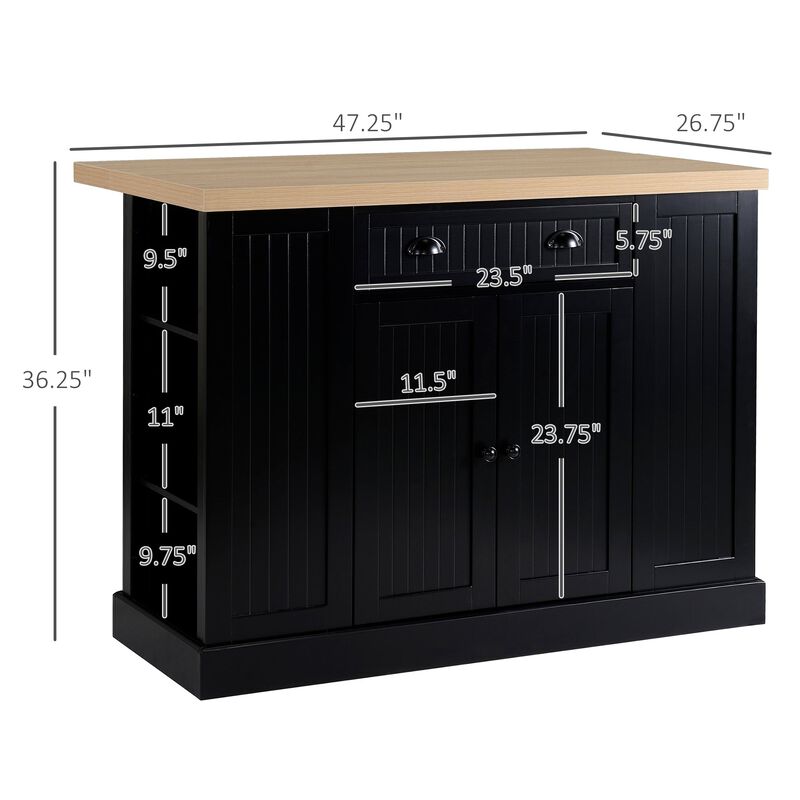 Black Kitchen Island: Freestanding Table with Drop Leaf and Storage