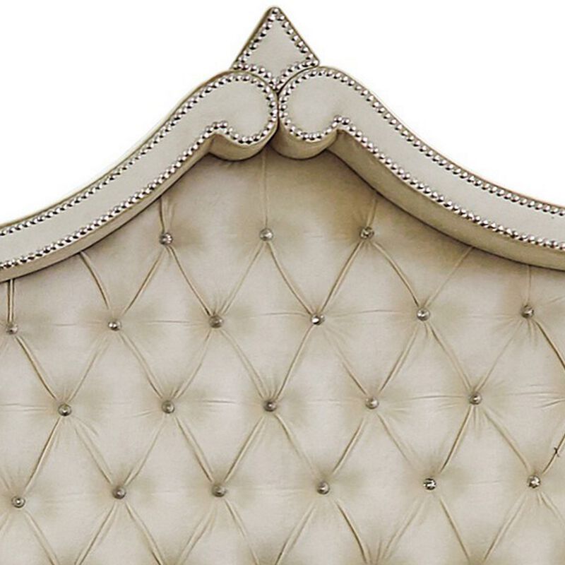 Lino Wood Queen Bed, Opulent Tufted Velvet Upholstery, French Carved, Ivory - Benzara image number 2