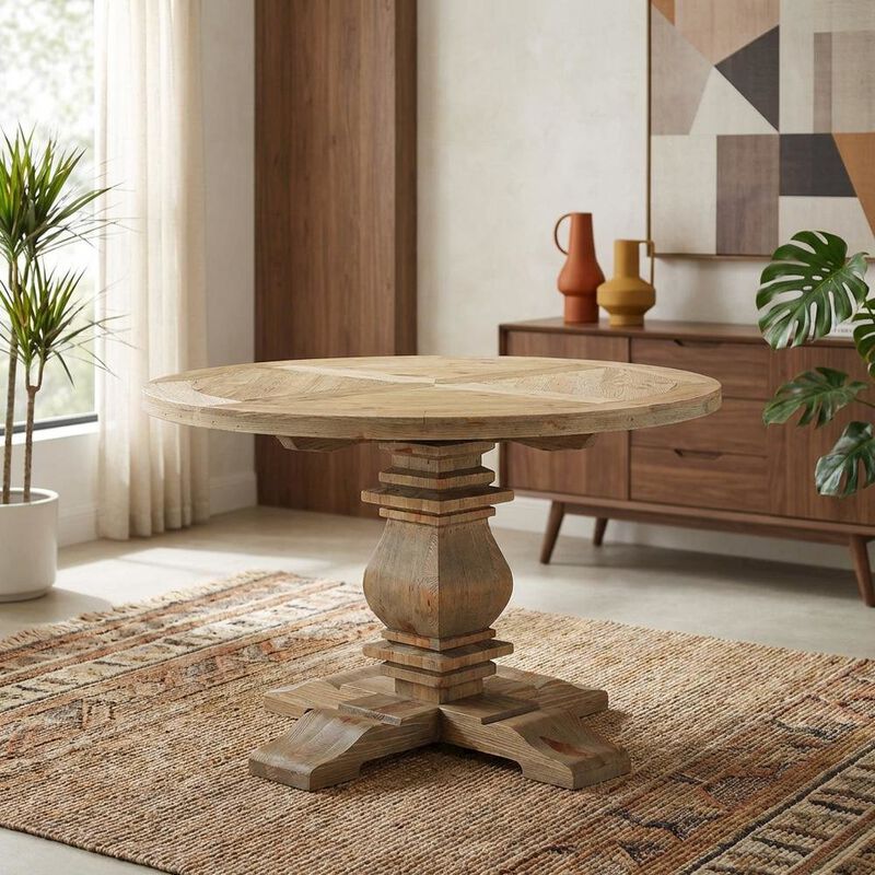 Brown Round Pine Wood Dining Table, Modern Farmhouse, Seats 4 image number 4
