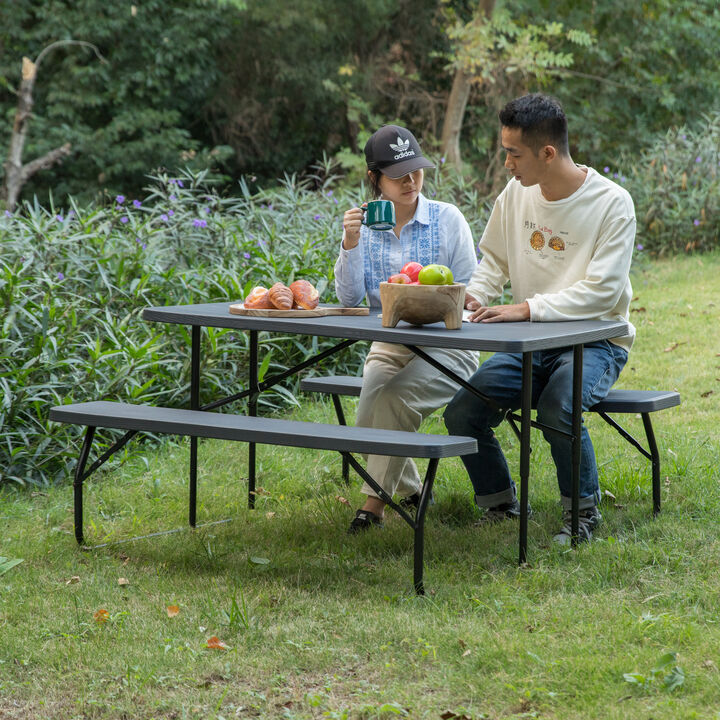 Gray Outdoor Foldable Woodgrain Portable Picnic Table Set, 5 Feet Long