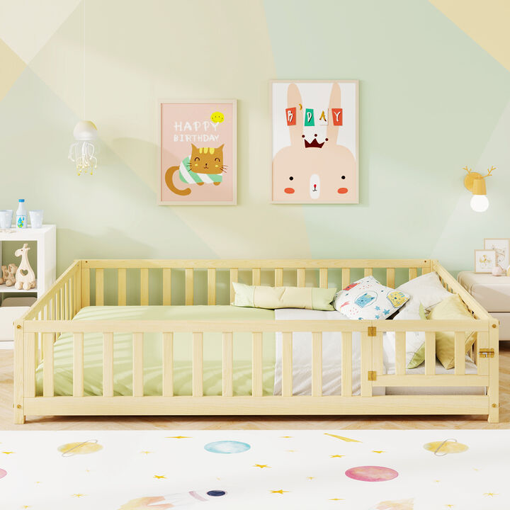 Montessori Bed Frame with Safety Door, Full-Length Guardrails, and Secure Latch