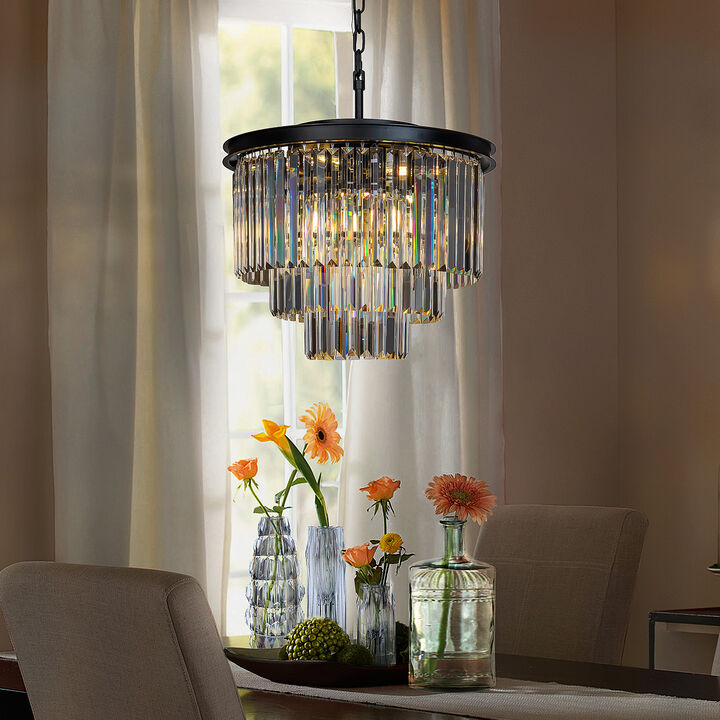 6-Lights Modern Black 3-Tier Round Crystal Fringe Chandelier