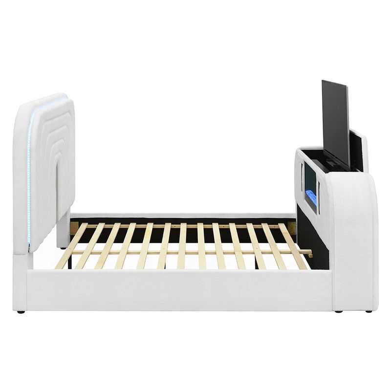 Kery King LED Bed w TV Cabinet, Fireplace, White Teddy Sherpa Upholstery image number 6