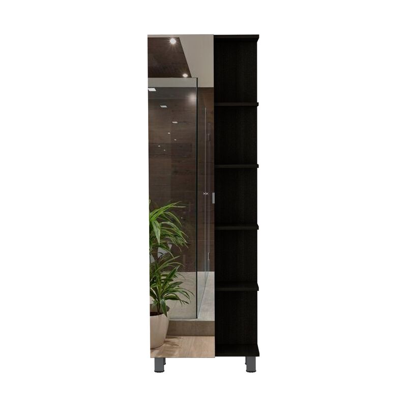 Urano Mirror Linen Cabinet, Four Interior  Shelves, Five External Shelves -Black