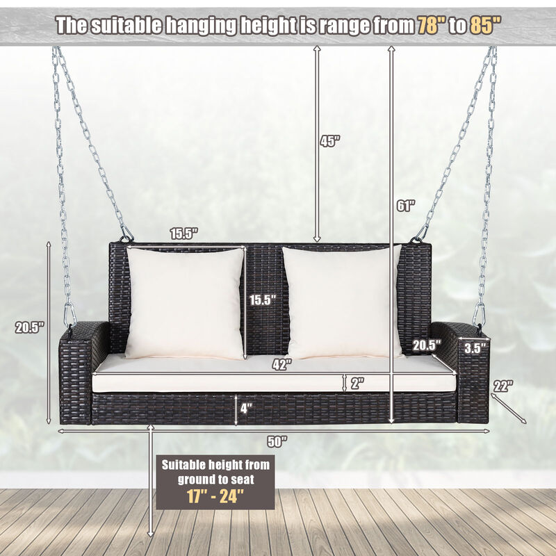 2-Person Wicker Hanging Porch Swing with Cushions &ndash; Includes 2 Back Cushions & 1 Seat Cushion