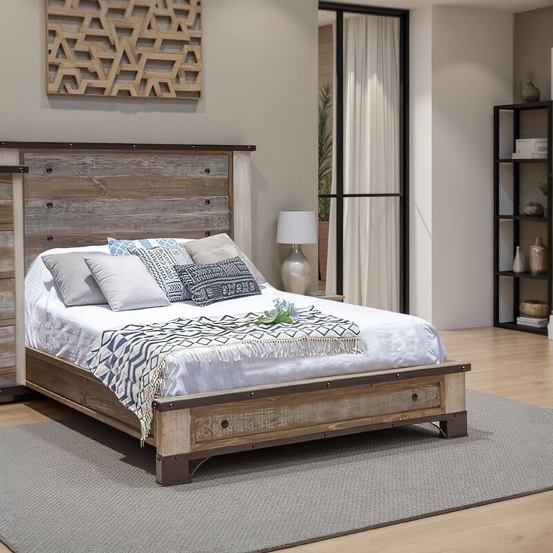 Fena Queen Size Bed, Round Black Nailheads, Distressed, Multicolor Brown