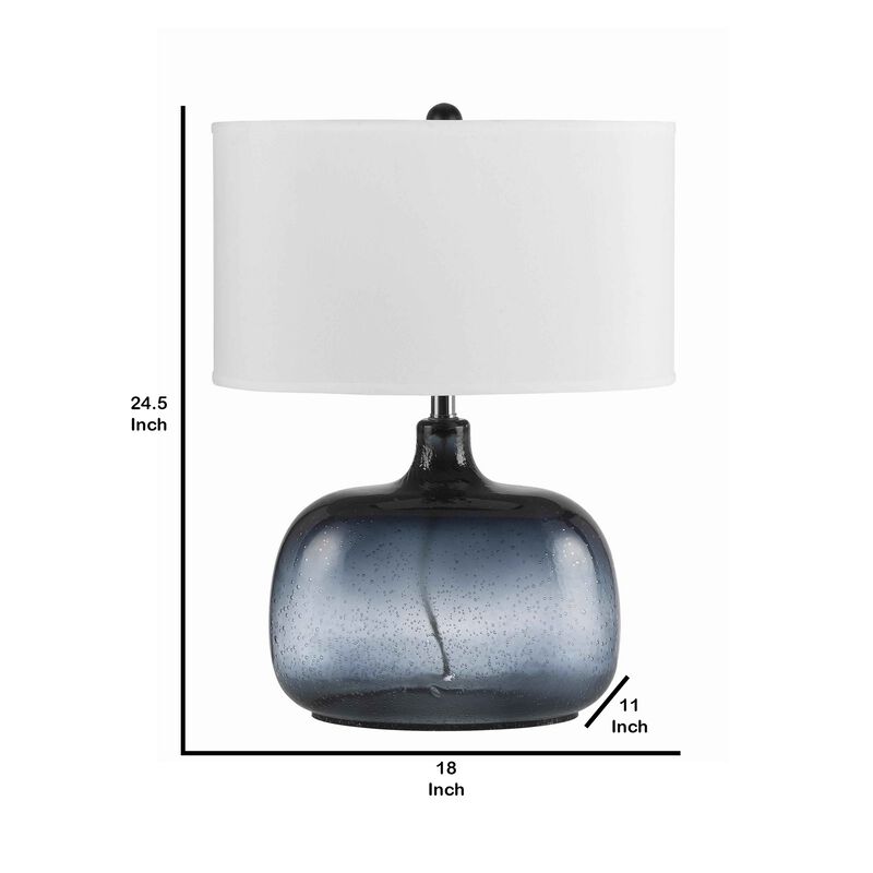 Glass Body Table Lamp with Drum Shade and Bubble Design, Blue and White - Benzara