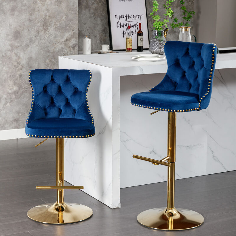 Streamdale Modern Blue Velvet Bar Stools, Set of 2