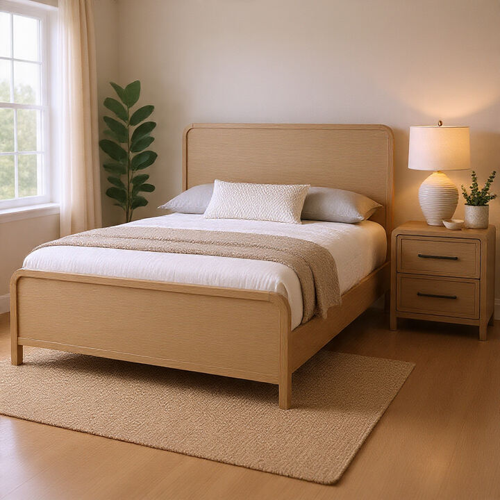 Queen Bedroom Set, Natural Oak Beige Brown Wood, 2 Piece Set with Nightstand