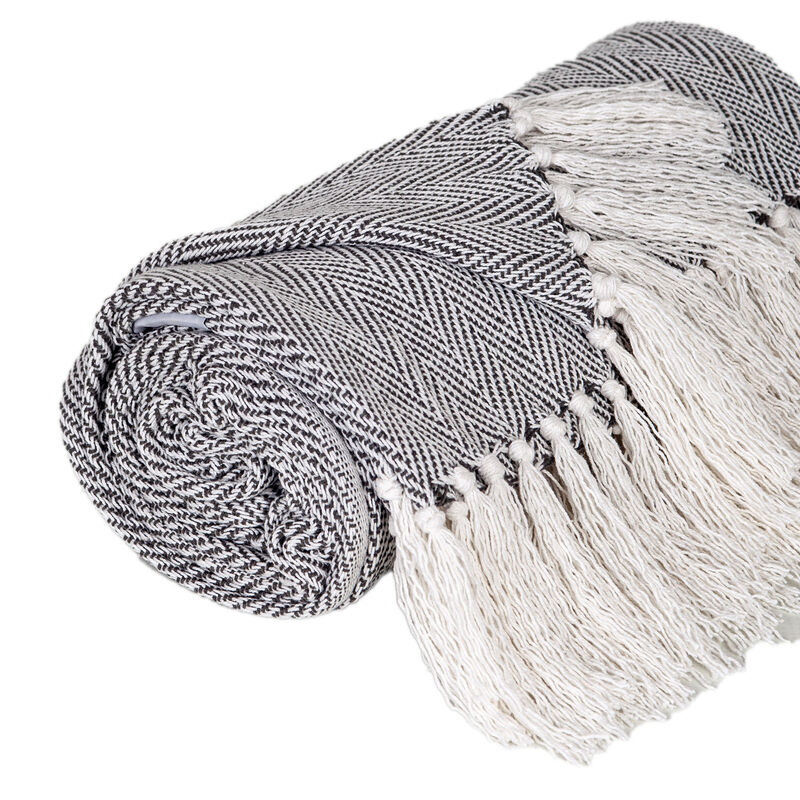 HomeRoots 52" X 67" Gray and Ivory Woven Cotton Herringbone Throw Blanket with Fringe image number 2