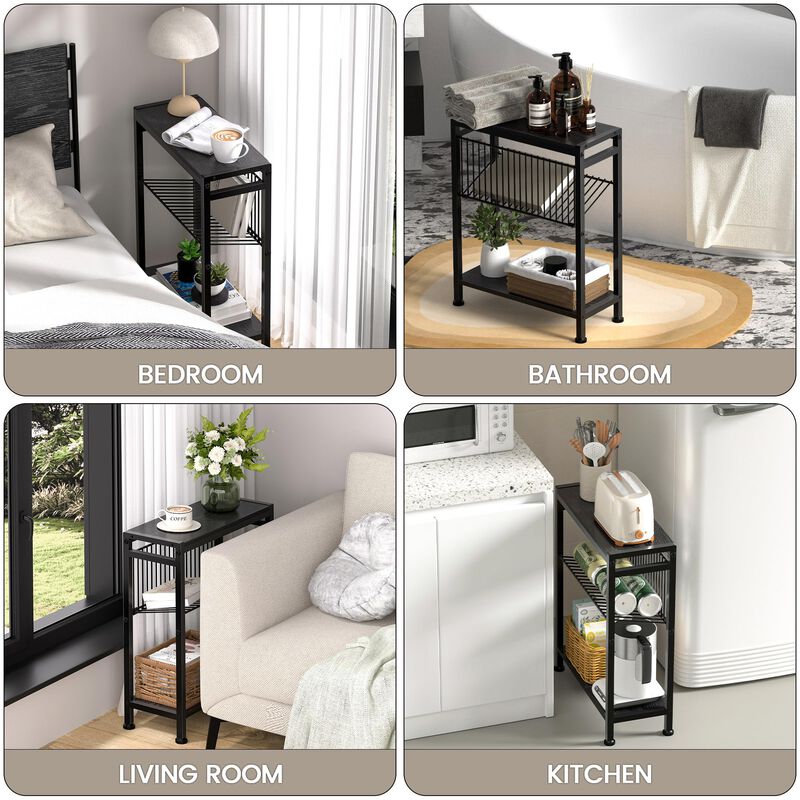 Homedawn Small End Table Set of 2 for Small Space, 3-Tier Narrow Side Table with Magazine Holder,Small Nightstand, Skinny Snack