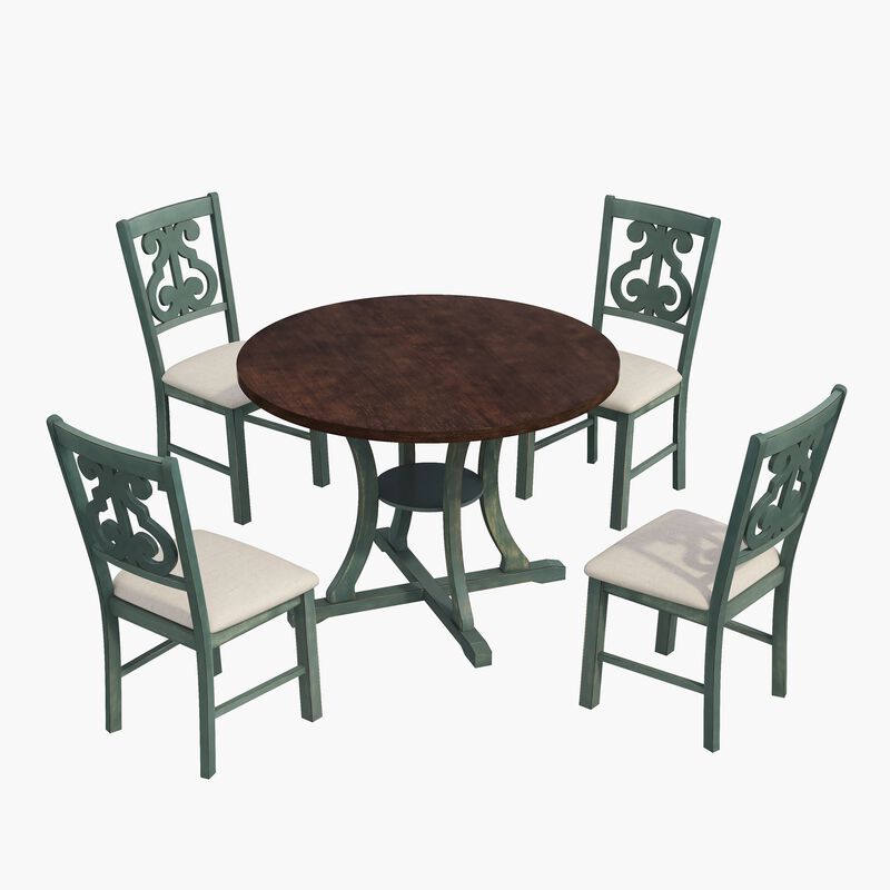Whisen 5-Piece Retro Round Dining Table Set with 4 Chair and Special-shaped Legs - Antique Blue/ Dark Brown