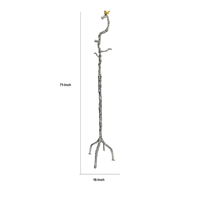 71 Inch Modern Aluminum Coat Stand, Branch Accent, Perched Bird, Silver - Benzara