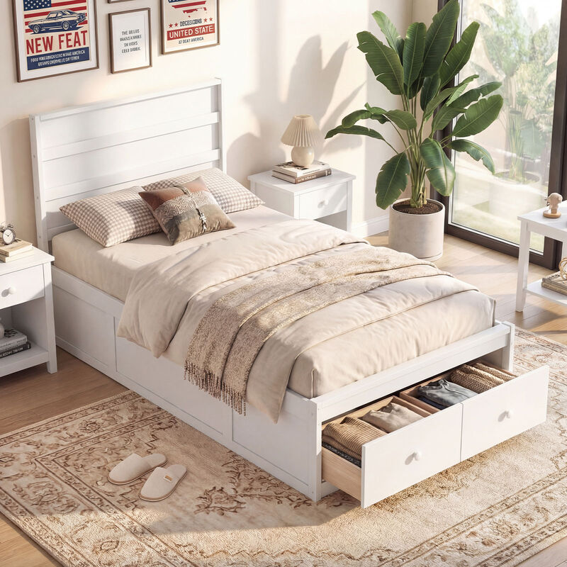 Twin Platform Bed Frame with Built-In Storage Drawers and Headboard image number 1