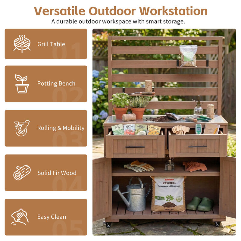 Whisen 64.9''H Potting Table with 2 Drawers, 3 Movable Shelves and Stainless Table Top image number 3