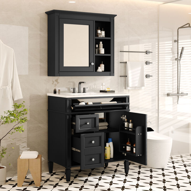 Merax Bathroom Vanity Set with Mirror Cabinet, Ceramic 3-Hole Basin, Soft-Close Storage image number 3