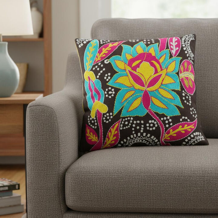 HomeRoots Set of Two 16" Black And Blue Floral Cotton Throw Pillows with Embroidery