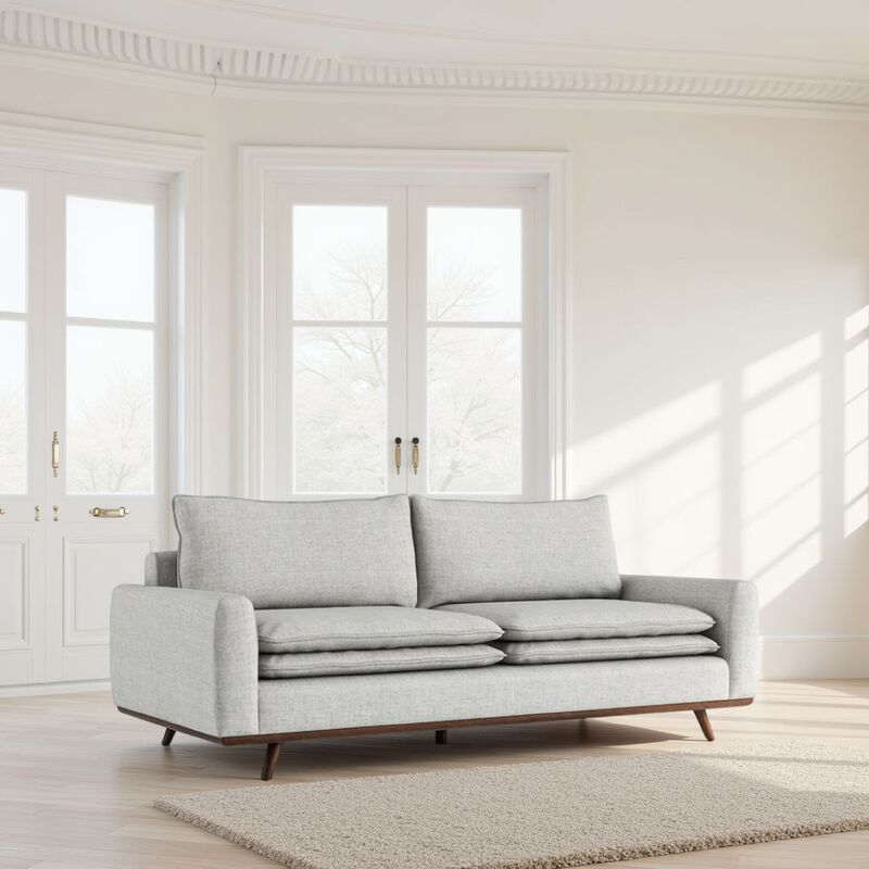 Yaana Sofa with Feather Blend Pillows, Dark Brown Wood, Gray 83 Inch - Benzara