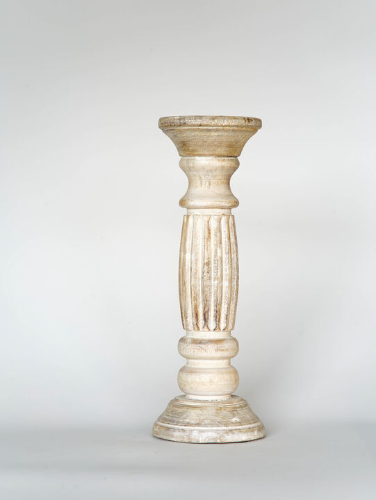 Traditional Antique White Eco-friendly Handmade Mango Wood Set Of One 9" Pillar Candle Holder